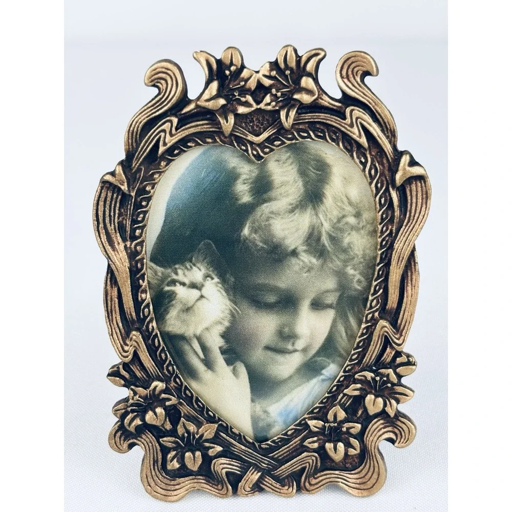 Ornate Vintage Bronze Metal Miniature Heart Floral Scroll Picture Frame